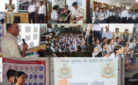 ट्रैफिक अवेयरनेस प्रोग्राम में डीएसपी सुशांतो बनर्जी स्कूली बच्चों को दी गई ट्रैफिक नियमों की बेसिक जानकारी